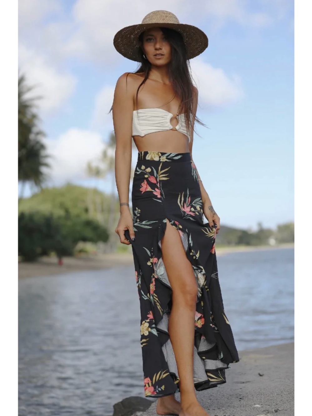 Floral Black High-Slit Maxi Skirt
